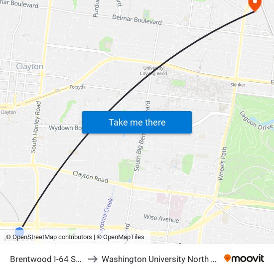 Brentwood I-64 Station to Washington University North Campus map