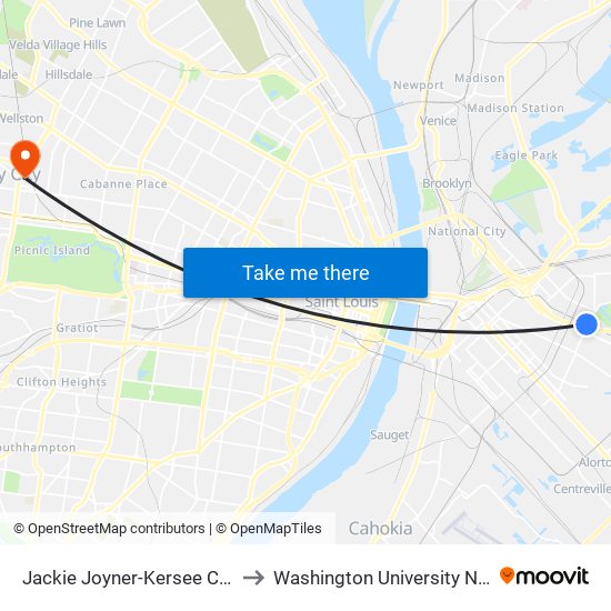 Jackie Joyner-Kersee Center Station to Washington University North Campus map