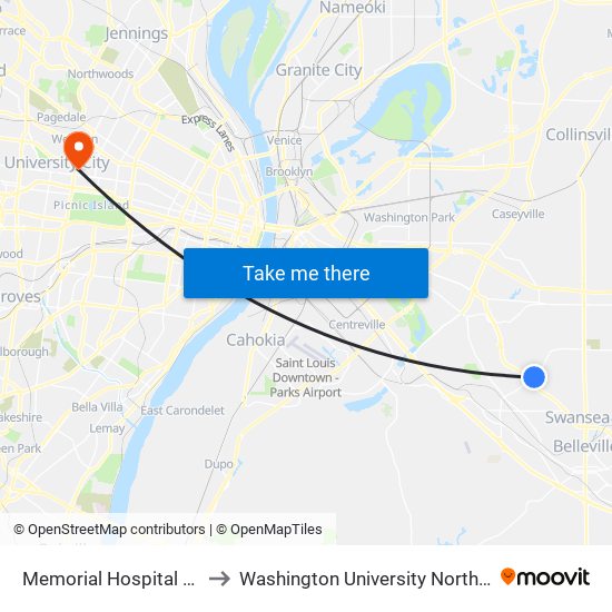 Memorial Hospital Station to Washington University North Campus map