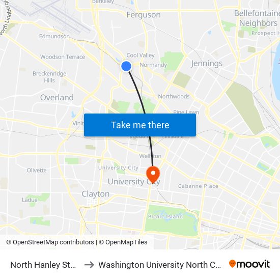 North Hanley Station to Washington University North Campus map