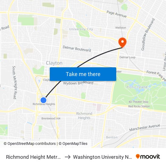 Richmond Height Metrolink Station to Washington University North Campus map