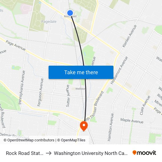 Rock Road Station to Washington University North Campus map