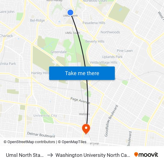 Umsl North Station to Washington University North Campus map