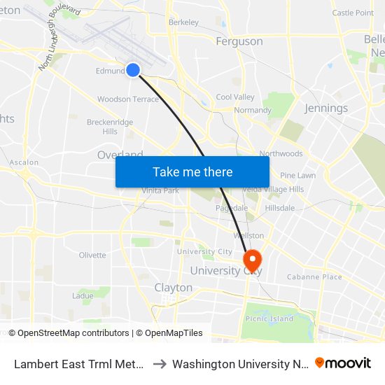 Lambert East Trml Metrolink Station to Washington University North Campus map