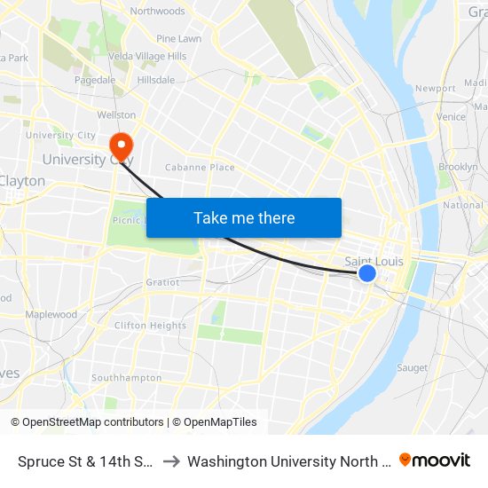Spruce St & 14th St S / W to Washington University North Campus map