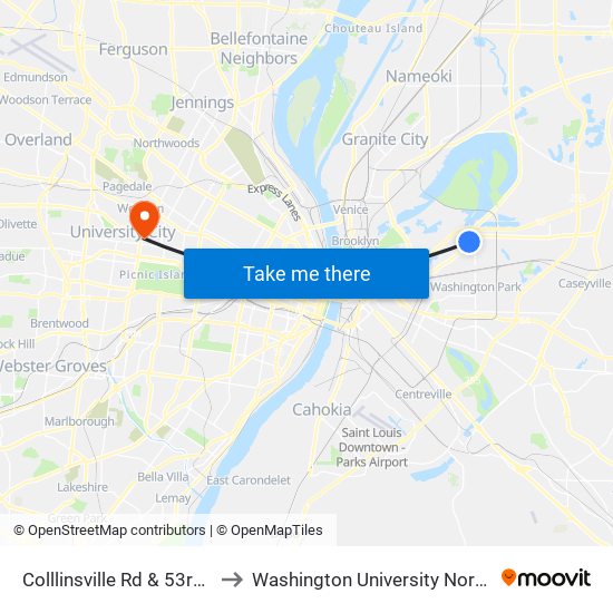 Colllinsville Rd & 53rd St N / E to Washington University North Campus map