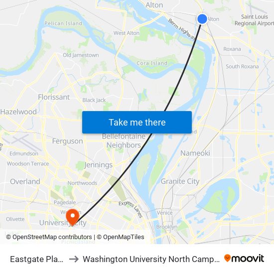 Eastgate Plaza to Washington University North Campus map