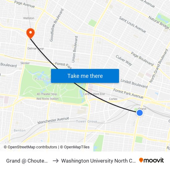 Grand @ Chouteau Sb to Washington University North Campus map