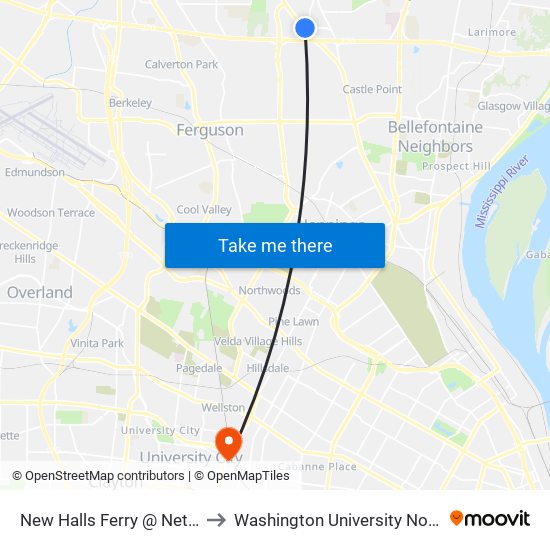 New Halls Ferry @ Netherton Nb to Washington University North Campus map