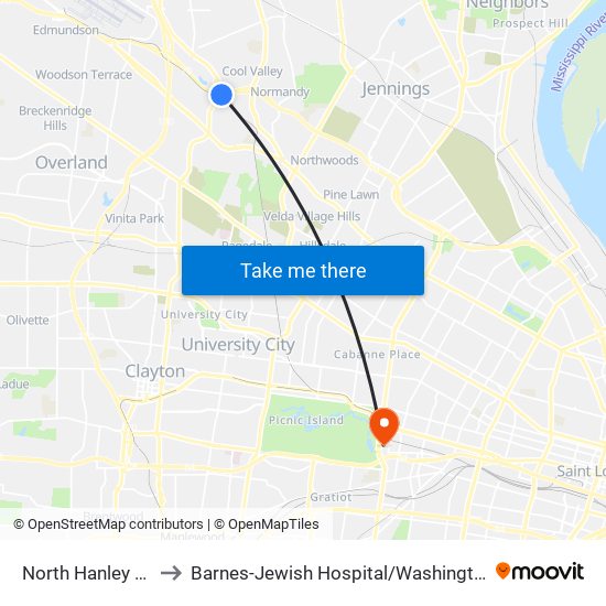 North Hanley Station to Barnes-Jewish Hospital / Washington University map