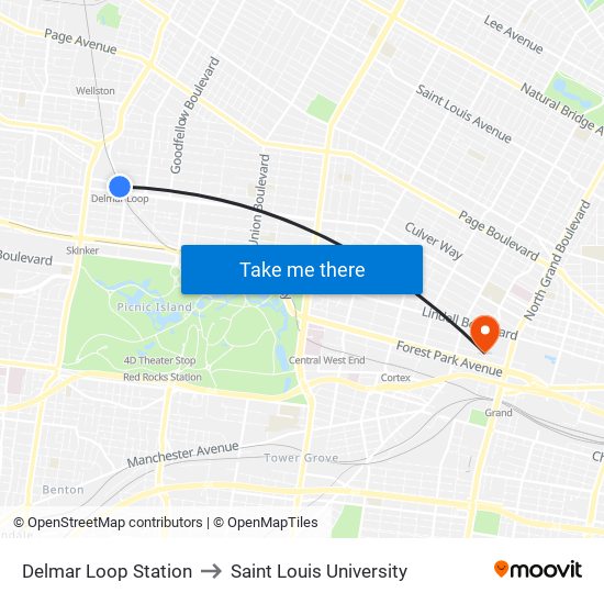 Delmar Loop Station to Saint Louis University map