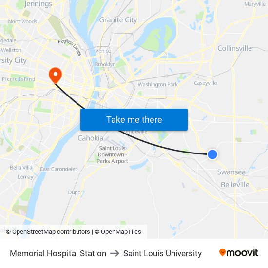 Memorial Hospital Station to Saint Louis University map