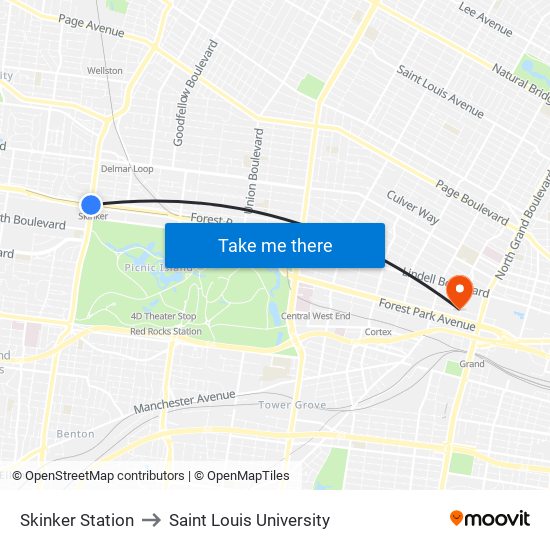 Skinker Station to Saint Louis University map