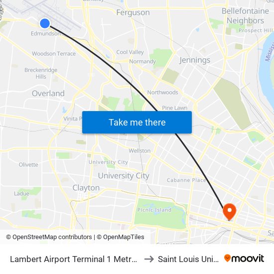 Lambert Airport Terminal 1 Metrolink Station to Saint Louis University map