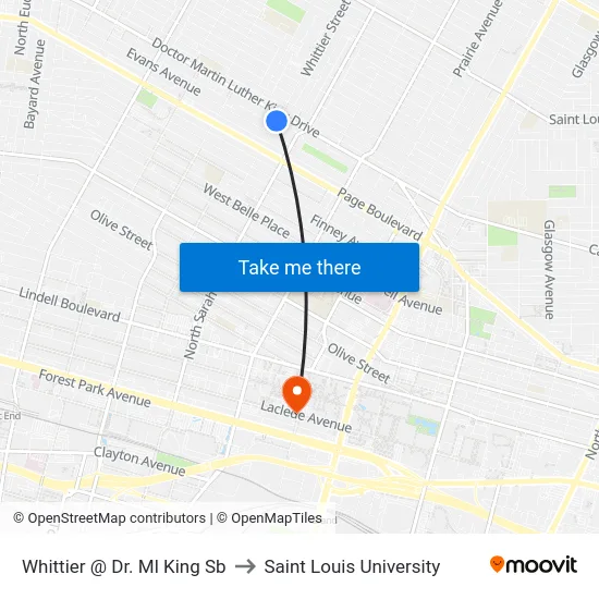 Whittier @ Dr. Ml King Sb to Saint Louis University map
