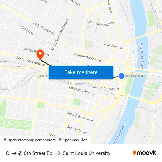 Olive @ 6th Street Eb to Saint Louis University map