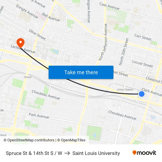 Spruce St & 14th St S / W to Saint Louis University map