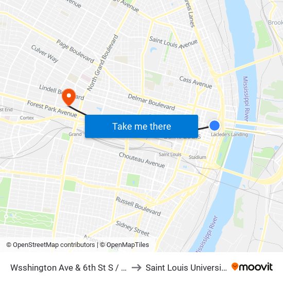 Wsshington Ave & 6th St S / W to Saint Louis University map