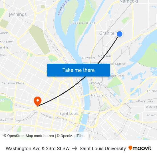 Washington Ave & 23rd St SW to Saint Louis University map