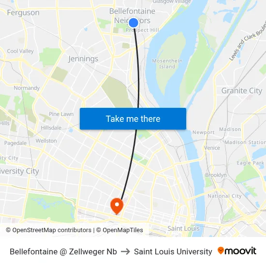Bellefontaine @ Zellweger Nb to Saint Louis University map