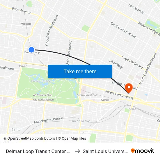 Delmar Loop Transit Center Wb to Saint Louis University map