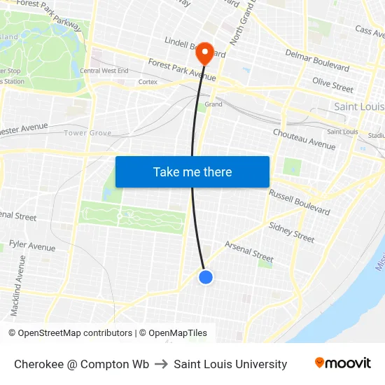Cherokee @ Compton Wb to Saint Louis University map