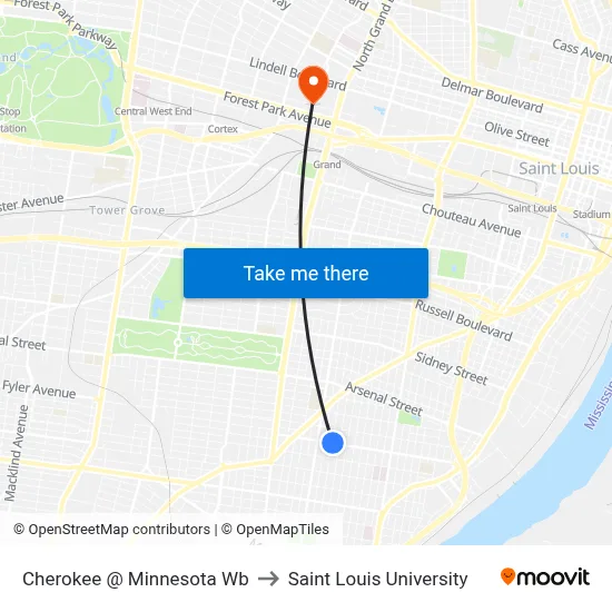 Cherokee @ Minnesota Wb to Saint Louis University map