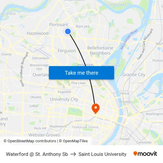 Waterford @ St. Anthony Sb to Saint Louis University map