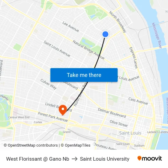 West Florissant @ Gano Nb to Saint Louis University map