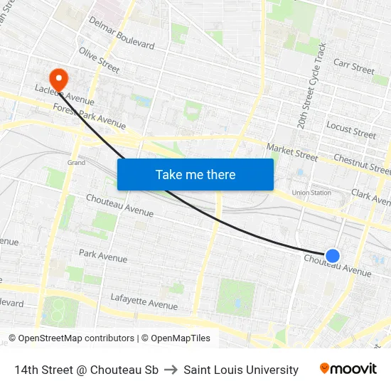 14th Street @ Chouteau Sb to Saint Louis University map