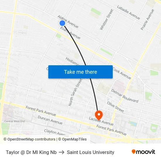 Taylor @ Dr Ml King Nb to Saint Louis University map