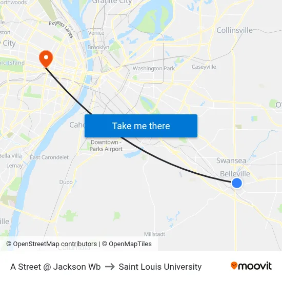 A Street @ Jackson Wb to Saint Louis University map
