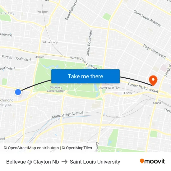 Bellevue @ Clayton Nb to Saint Louis University map