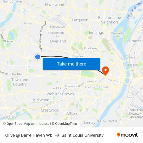 Olive @ Barre Haven Wb to Saint Louis University map