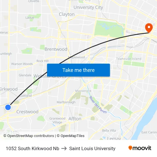 1052 South Kirkwood Nb to Saint Louis University map