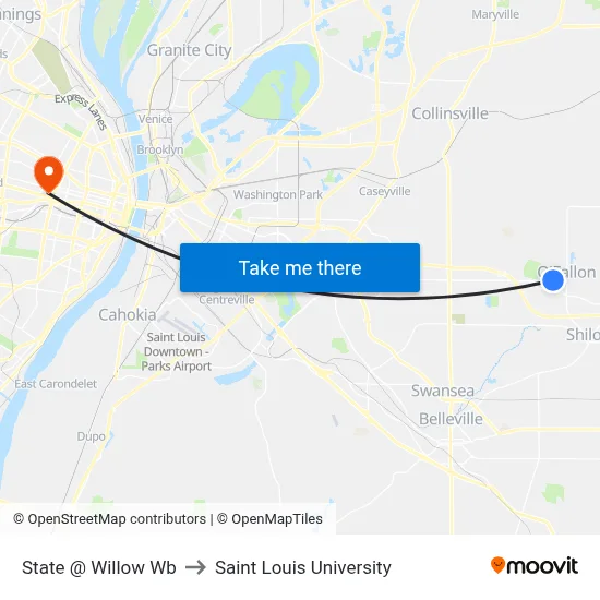 State @ Willow Wb to Saint Louis University map