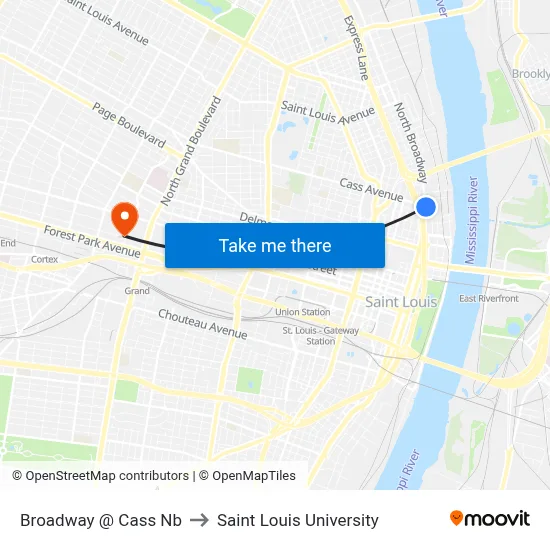 Broadway @ Cass Nb to Saint Louis University map