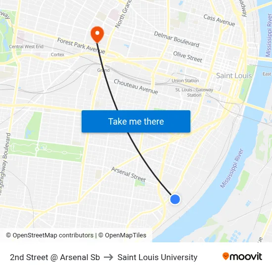2nd Street @ Arsenal Sb to Saint Louis University map