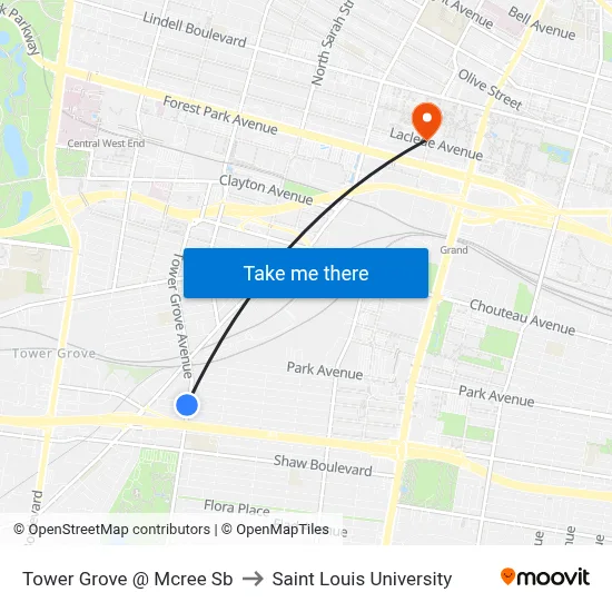 Tower Grove @ Mcree Sb to Saint Louis University map
