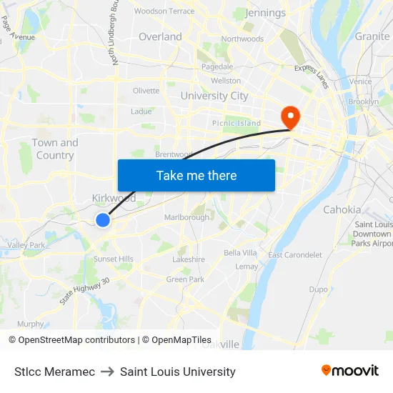 Stlcc Meramec to Saint Louis University map