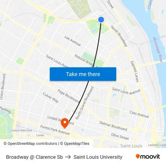 Broadway @ Clarence Sb to Saint Louis University map