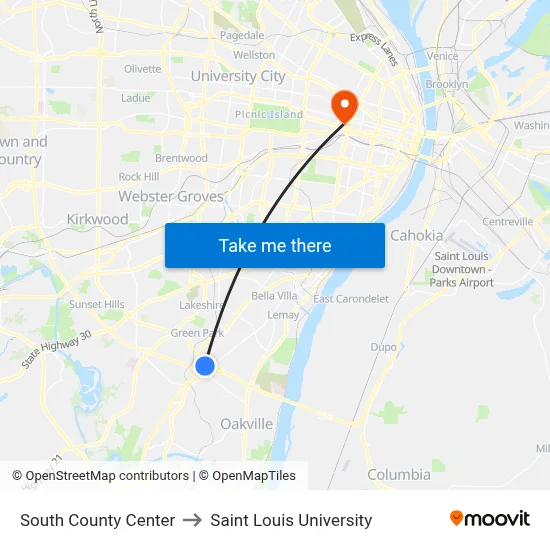 South County Center to Saint Louis University map