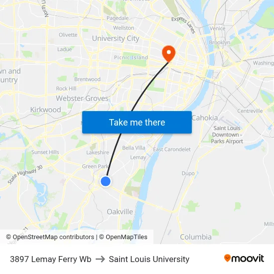 3897 Lemay Ferry Wb to Saint Louis University map