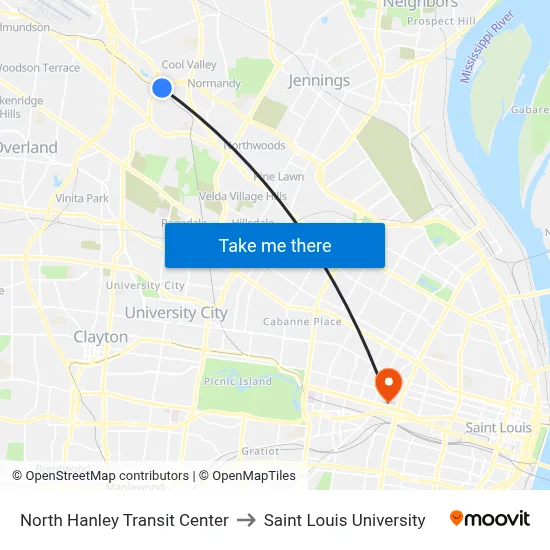 North Hanley Transit Center to Saint Louis University map