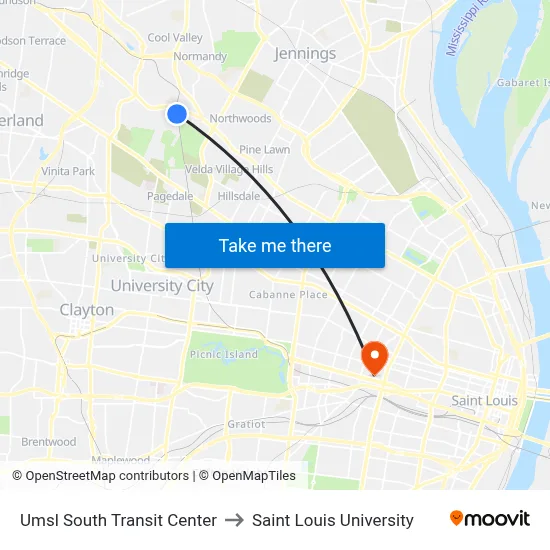 Umsl South Transit Center to Saint Louis University map