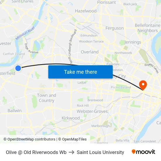 Olive @ Old Riverwoods Wb to Saint Louis University map