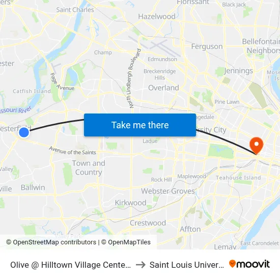 Olive @ Hilltown Village Center Wb to Saint Louis University map