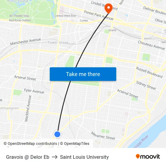 Gravois @ Delor Eb to Saint Louis University map