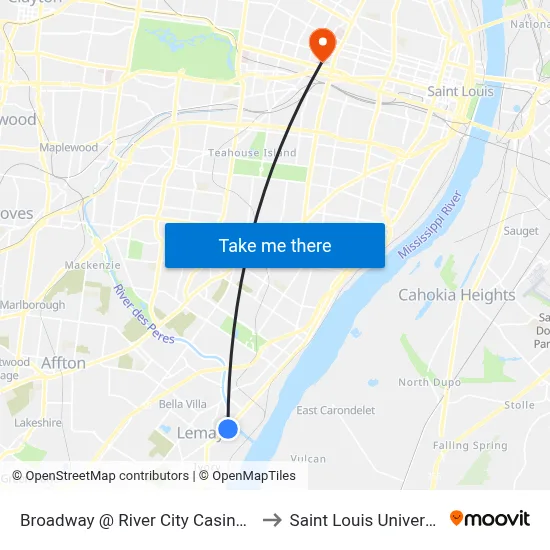Broadway @ River City Casino Sb to Saint Louis University map