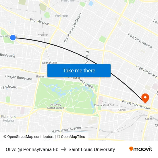 Olive @ Pennsylvania Eb to Saint Louis University map